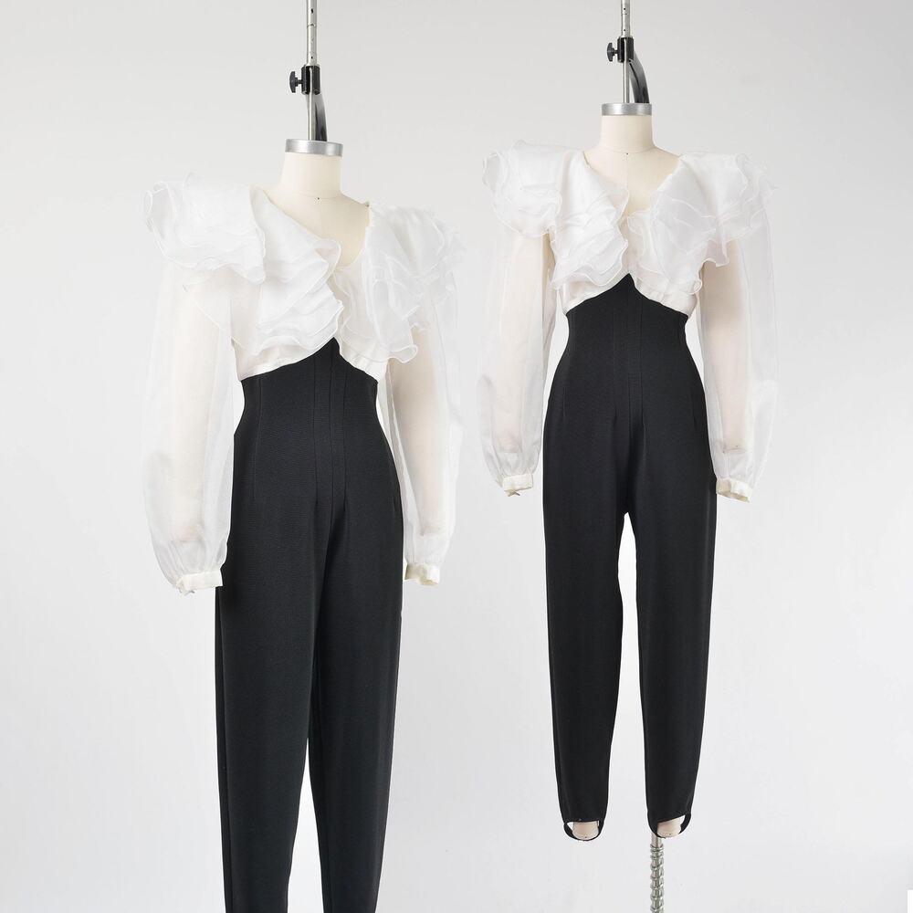 Vintage 90s Black & White Jumpsuit Sheer Organza Ruffle Stirrup Pantsuit M